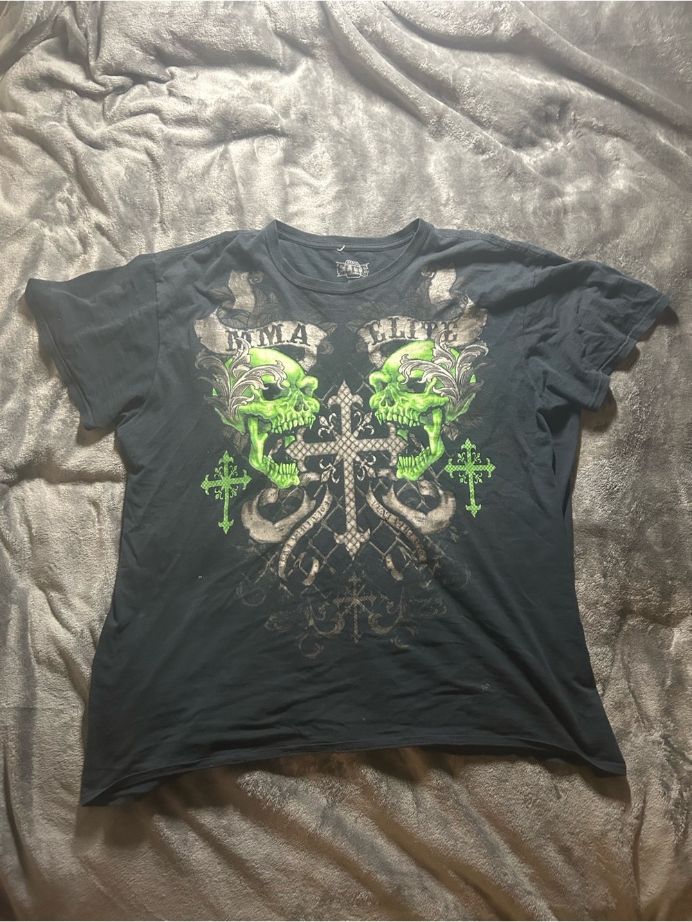 Men's Black Graphic Short Sleeve Tee with Neon Green Skull Design